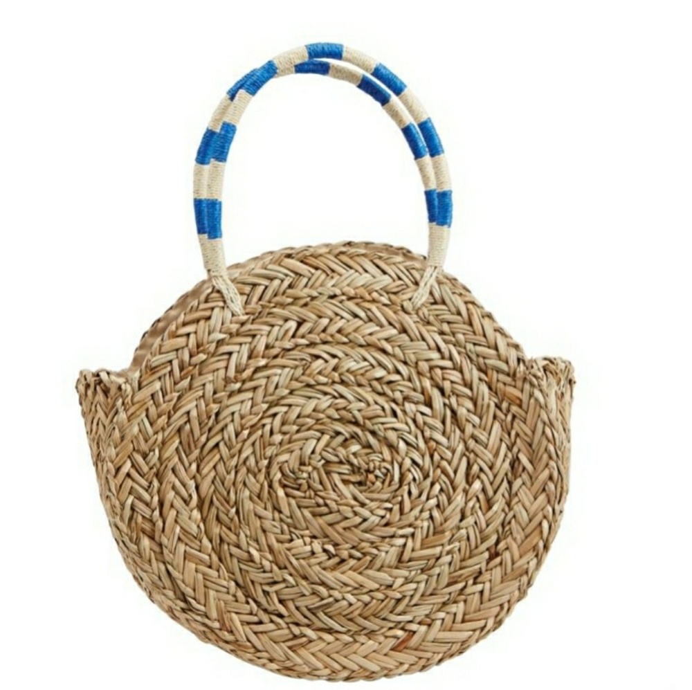 New Mudpie Pom Pom Circle Grass Boho Tote Bag. - Picture 3 of 8